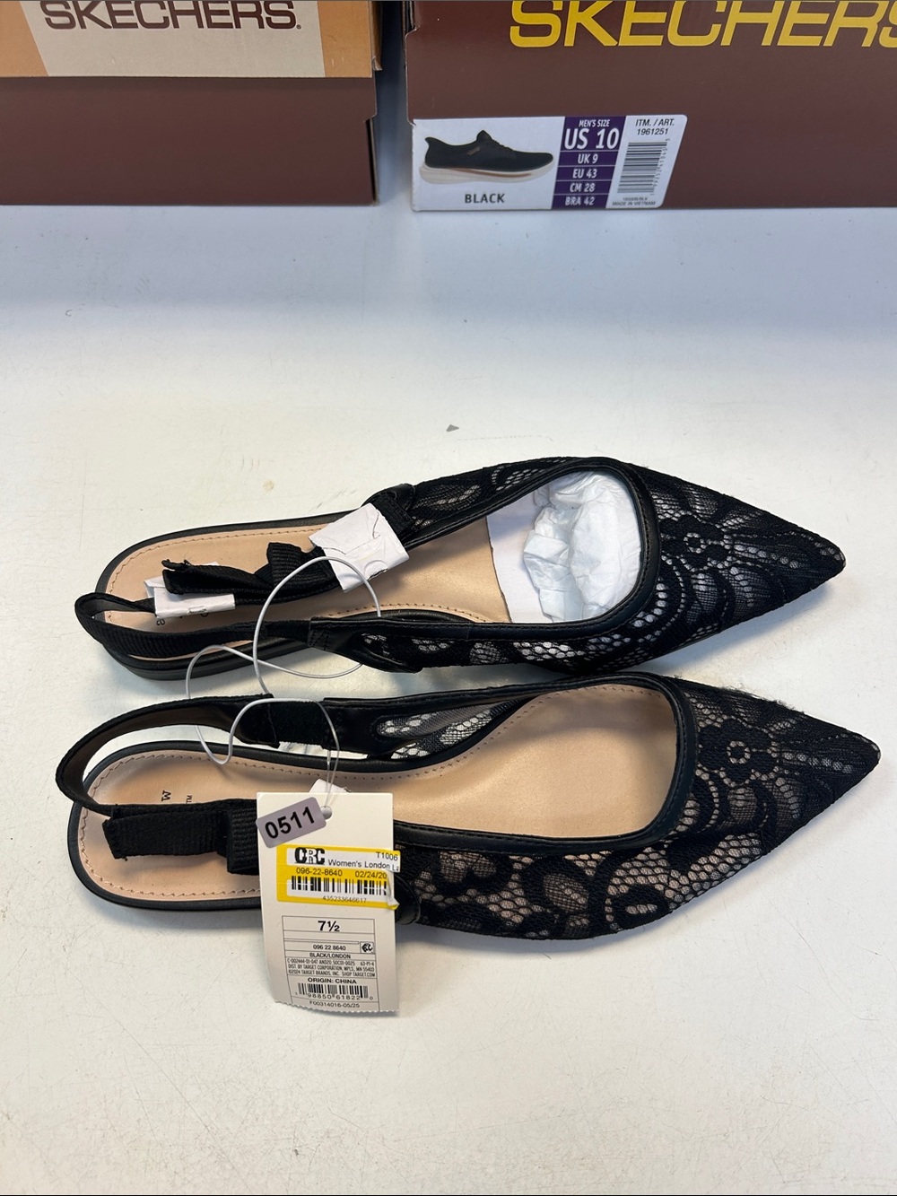 A New Day Women’s Size 7.5 Black Lace Pointed Slingback Flats 3511